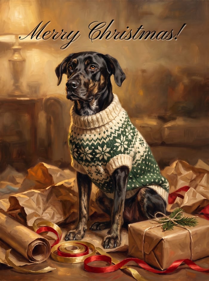 A finished card: a black and tan dog in a green sweater among ribbons and kraft paper, under the words Merry Christmas