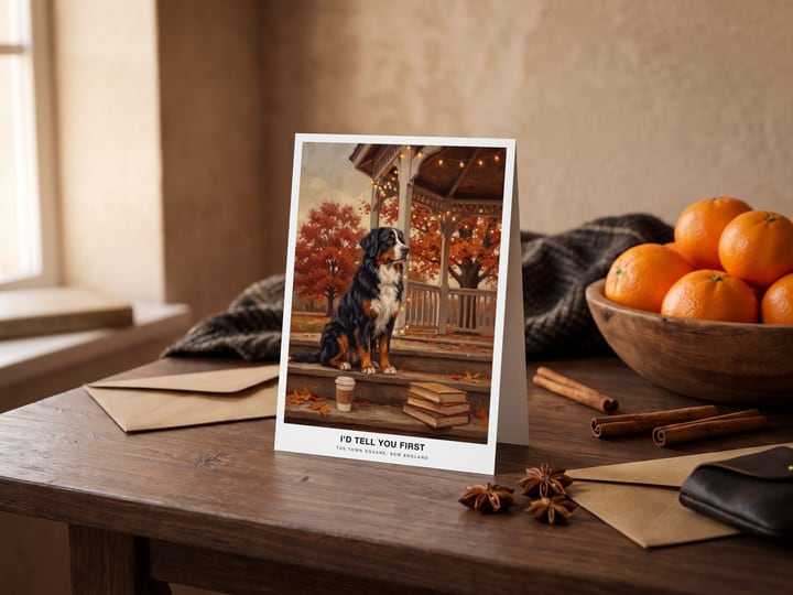 The "The Town Square" card — beside a bowl of clementines and cinnamon