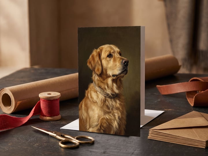 The "The Keepsake" card — on a wrapping table with kraft paper and red ribbon