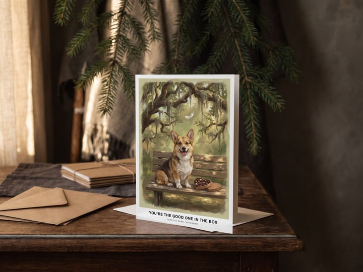 The "The Bench in Savannah" card — on a side table in front of a fir tree