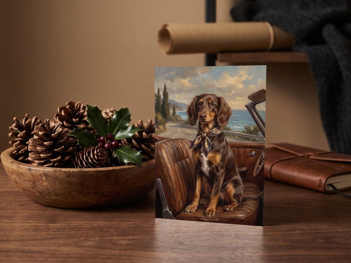 The "Riding Shotgun" card — beside a bowl of pinecones and holly