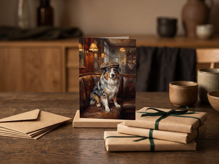 The "Golden Hour" card — in front of stacked kraft-wrapped gifts