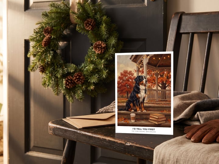 The "The Town Square" card — on a bench in front of a fir wreath