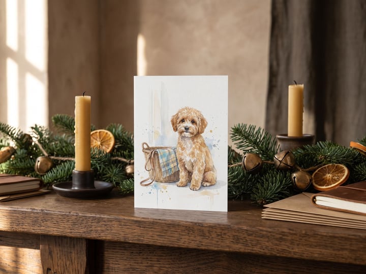 The "Welcome Home" card — on a mantel with fir garland and brass bells