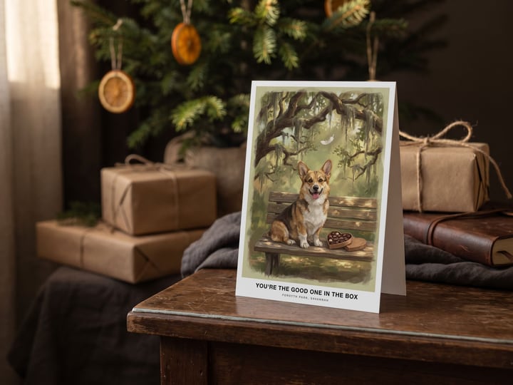 The "The Bench in Savannah" card — beside a fir tree with gifts