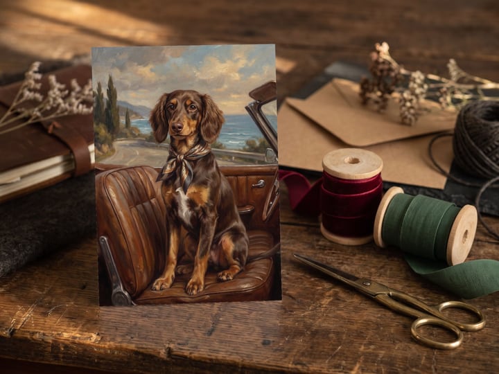The "Riding Shotgun" card — beside spools of red and green ribbon