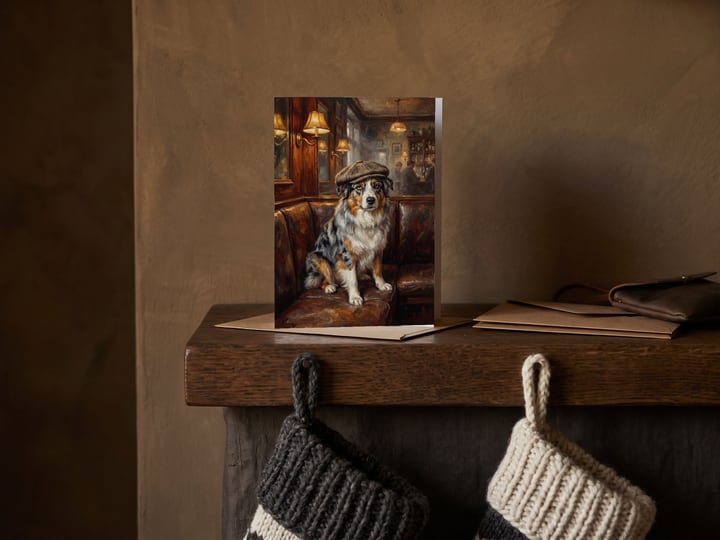 The "Golden Hour" card — on a mantel with knitted stockings below