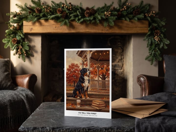 The "The Town Square" card — on a hearth under a fir garland