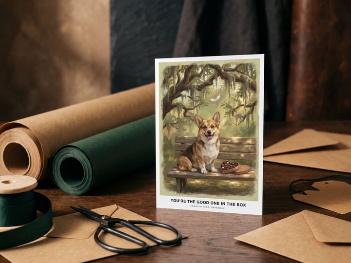 The "The Bench in Savannah" card — beside rolls of kraft paper