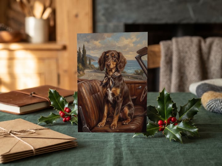 The "Riding Shotgun" card — on green linen among holly