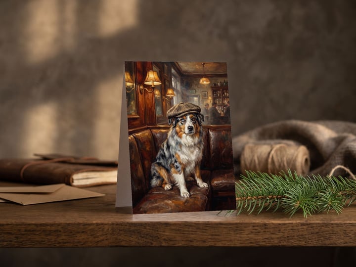 The "Golden Hour" card — on a shelf beside a fir branch