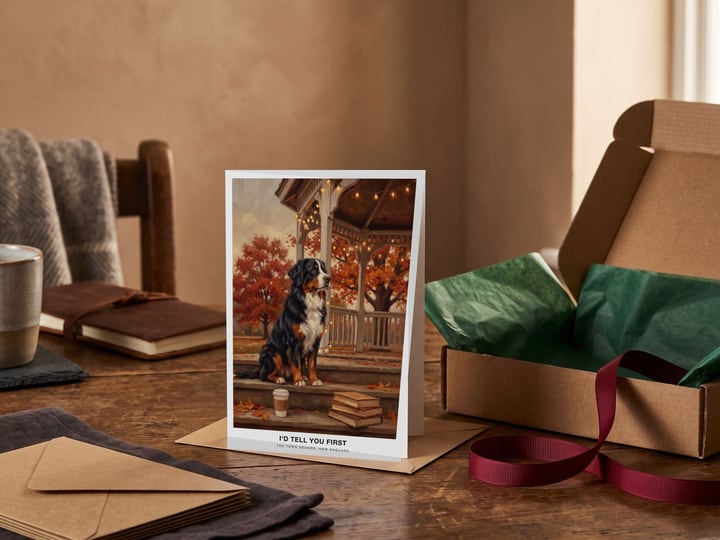 The "The Town Square" card — in front of an open gift box with red ribbon