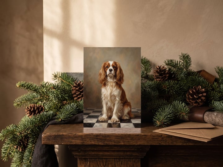 The "The Aristocrat" card — on a mantel with a pinecone garland