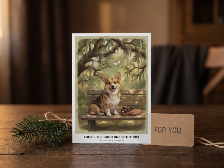 The "The Bench in Savannah" card — beside a fir sprig and gift tag