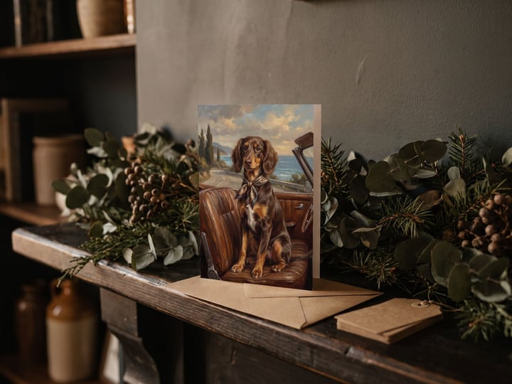 The "Riding Shotgun" card — on a mantel with a dark green garland