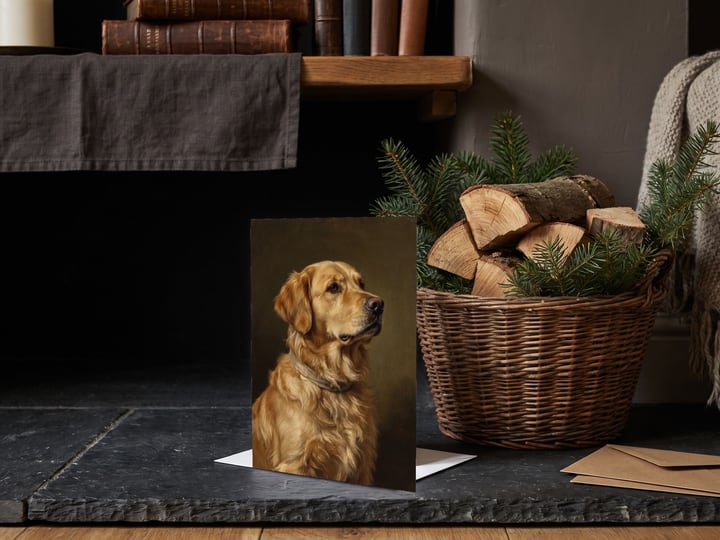The "The Keepsake" card — beside a log basket with fir