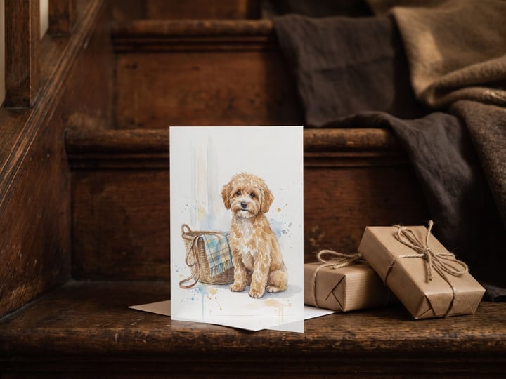 The "Welcome Home" card — on a stair beside gifts