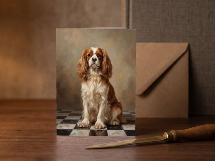 The "The Aristocrat" card — on a walnut desk with one envelope leaning behind it