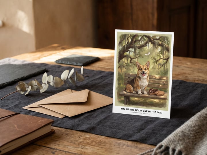 The "The Bench in Savannah" card — on charcoal linen with a fan of three kraft envelopes
