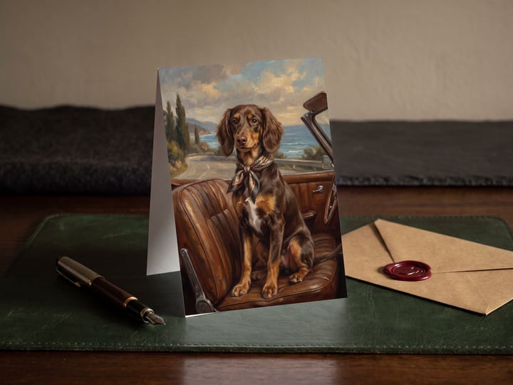 The "Riding Shotgun" card — on a green leather blotter beside a wax-sealed envelope