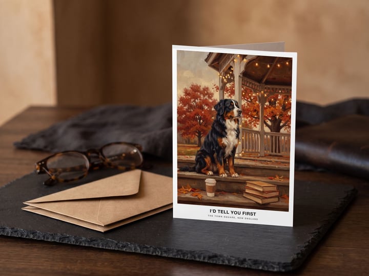 The "The Town Square" card — on a slate tray with stacked envelopes and reading glasses