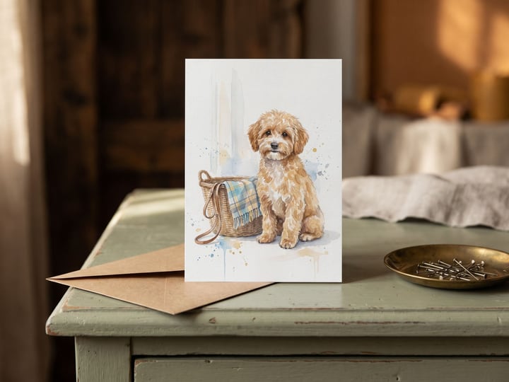 The "Welcome Home" card — on a sage-green dresser with an envelope tucked under it