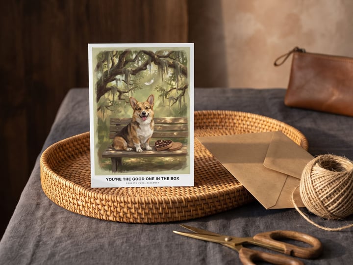 The "The Bench in Savannah" card — on a rattan tray with envelope, twine and brass scissors