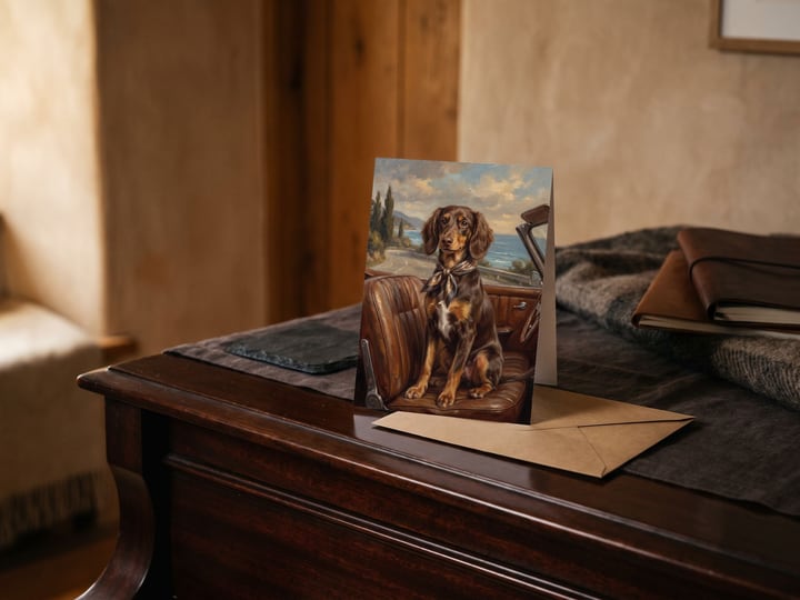 The "Riding Shotgun" card — on a mahogany piano lid beside an envelope