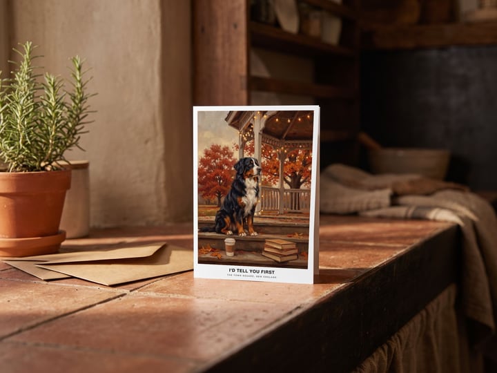 The "The Town Square" card — on a terracotta ledge beside rosemary and envelopes