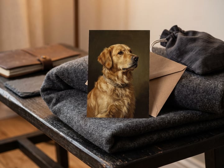 The "The Keepsake" card — on a folded wool throw with an envelope behind it