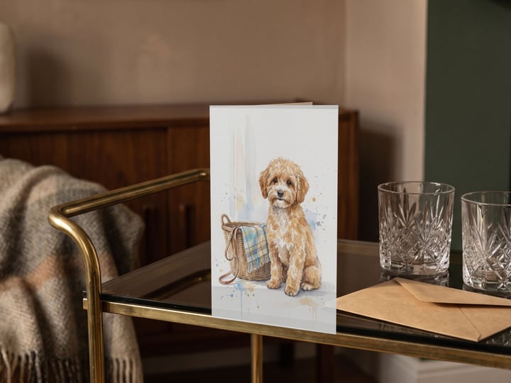 The "Welcome Home" card — on a brass bar cart beside crystal tumblers