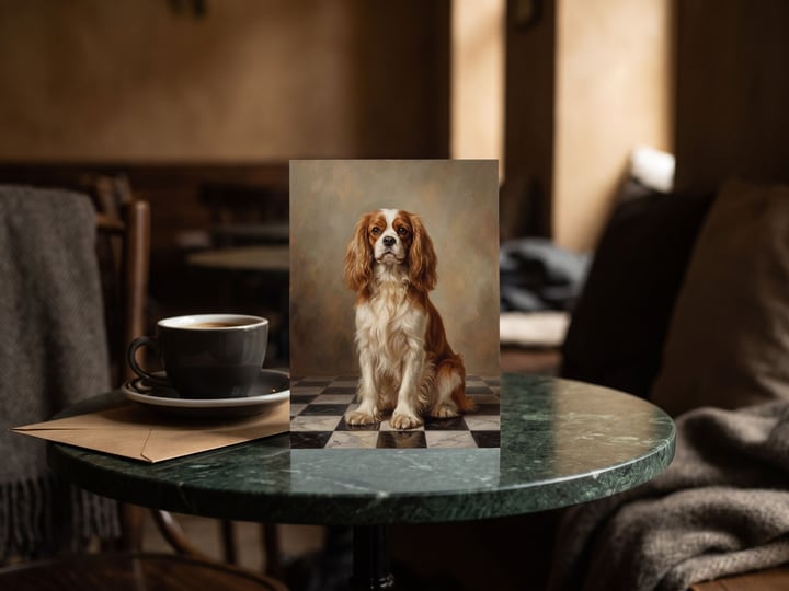 The "The Aristocrat" card — on a dark marble café table beside an espresso