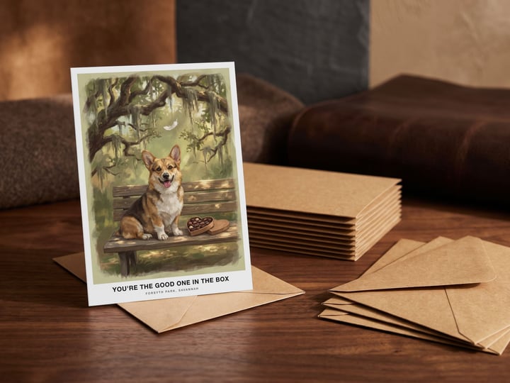 The "The Bench in Savannah" card — in front of a stack of matching cards and fanned envelopes