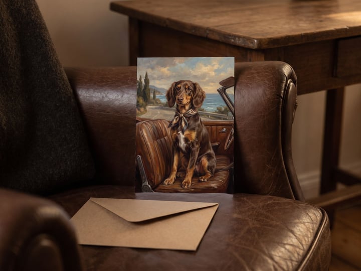 The "Riding Shotgun" card — on the arm of a leather armchair