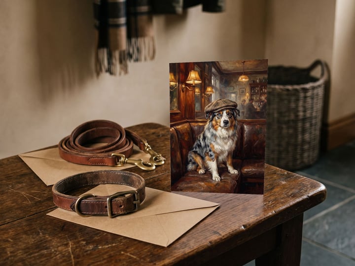 The "Golden Hour" card — on an entry bench beside a leather dog collar and leash