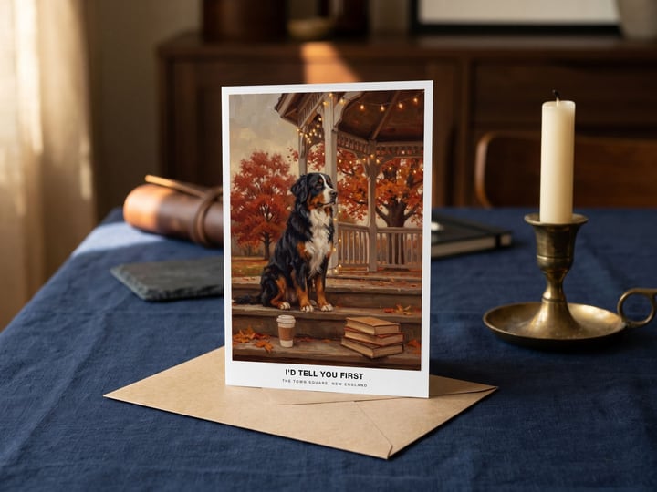 The "The Town Square" card — on navy linen with an envelope and an unlit candle