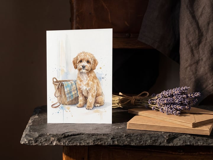 The "Welcome Home" card — on a dark stone ledge with dried lavender