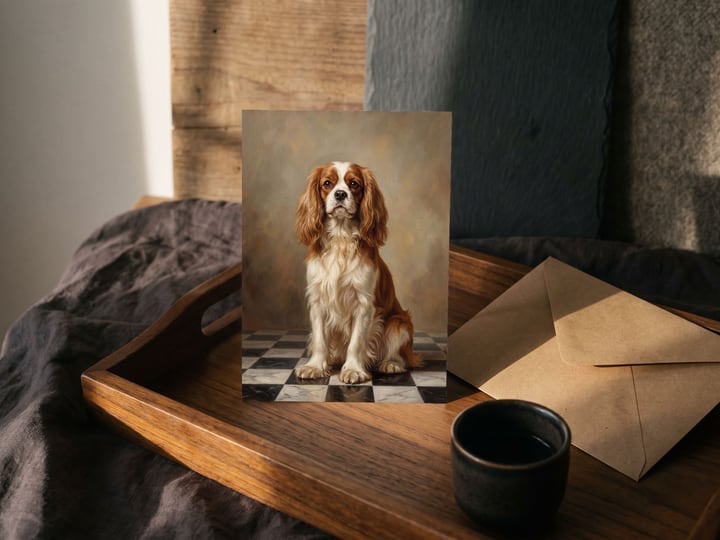 The "The Aristocrat" card — on a teak tray with an envelope and a cup