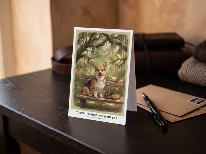 The "The Bench in Savannah" card — on an ebony desk with a pen and stamped envelopes