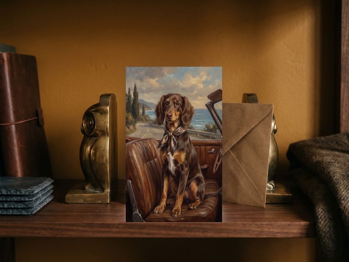 The "Riding Shotgun" card — between brass bookends with an envelope