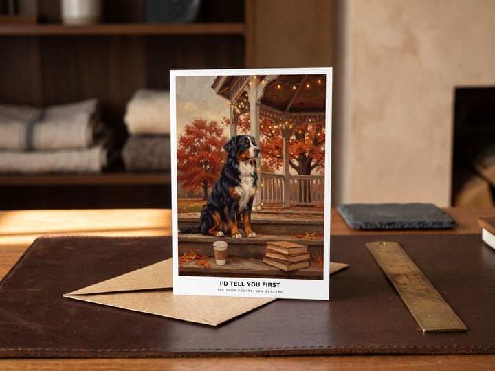 The "The Town Square" card — on a leather desk mat with an envelope tucked under it