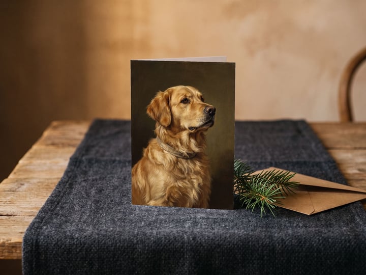 The "The Keepsake" card — on a charcoal runner with pine and an envelope
