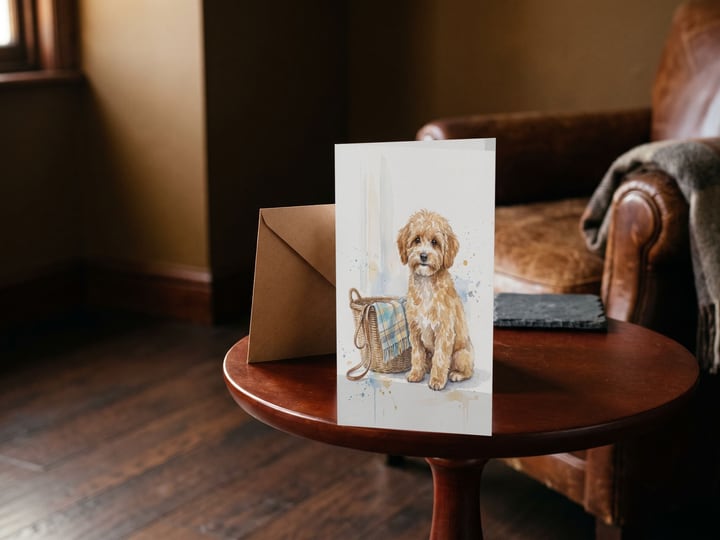 The "Welcome Home" card — on a round cherry side table with an envelope