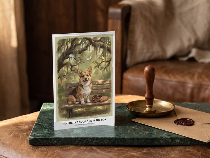 The "The Bench in Savannah" card — on green marble beside a wax-seal stamp