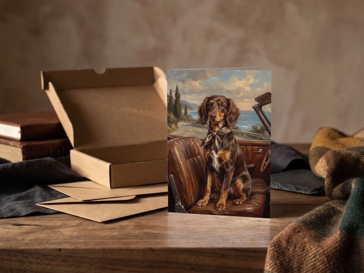 The "Riding Shotgun" card — in front of a half-open kraft box with envelopes fanning out