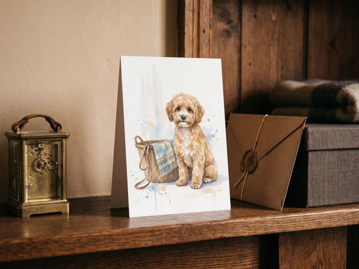 The "Welcome Home" card — on a mantel beside a carriage clock