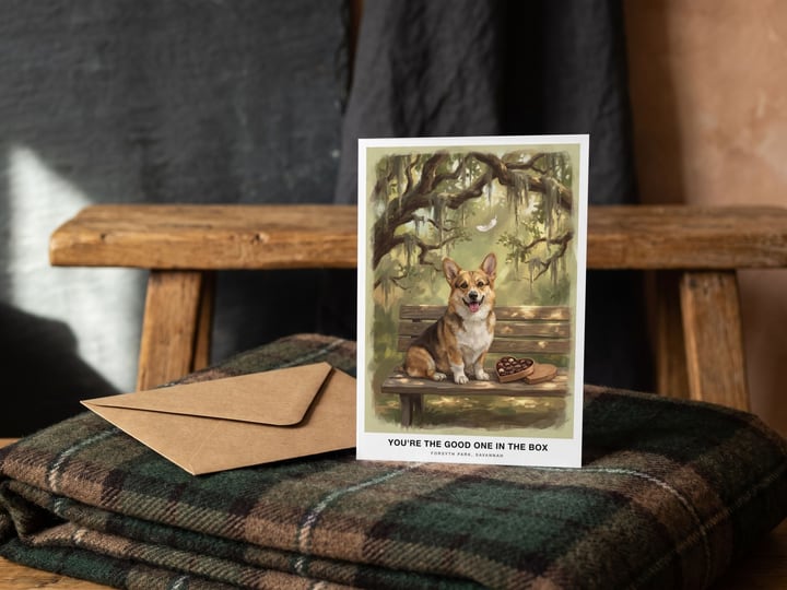 The "The Bench in Savannah" card — on a folded tartan blanket