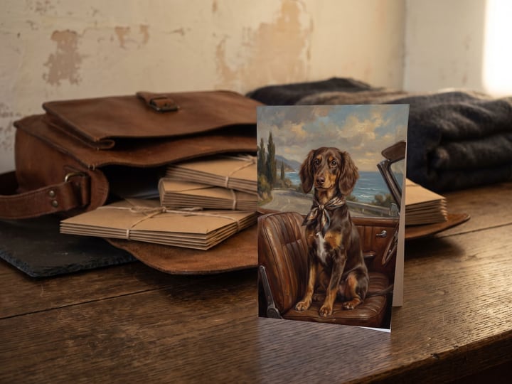 The "Riding Shotgun" card — against a leather satchel with envelopes spilling out