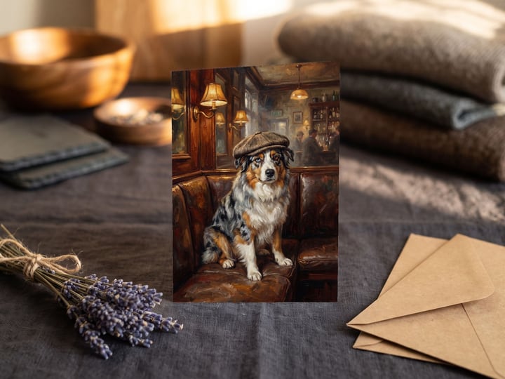 The "Golden Hour" card — on dark linen with lavender and envelopes