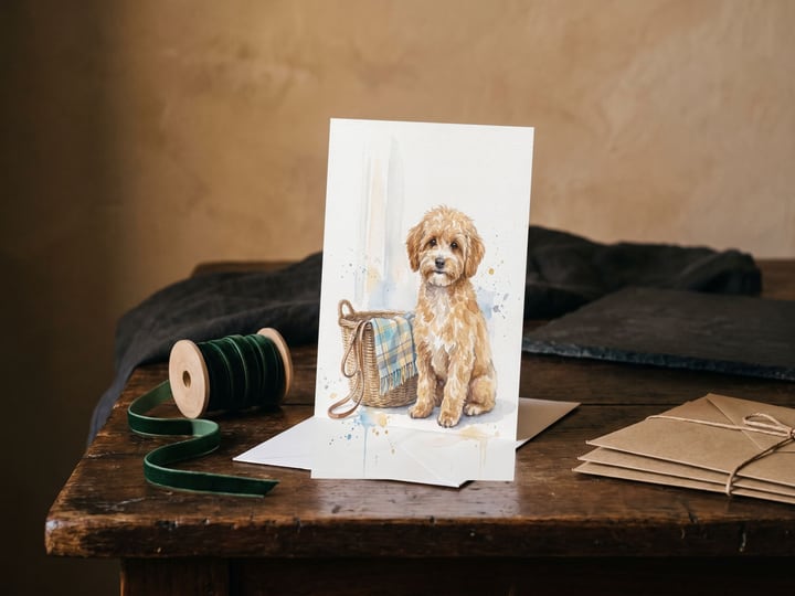 The "Welcome Home" card — beside a spool of green velvet ribbon
